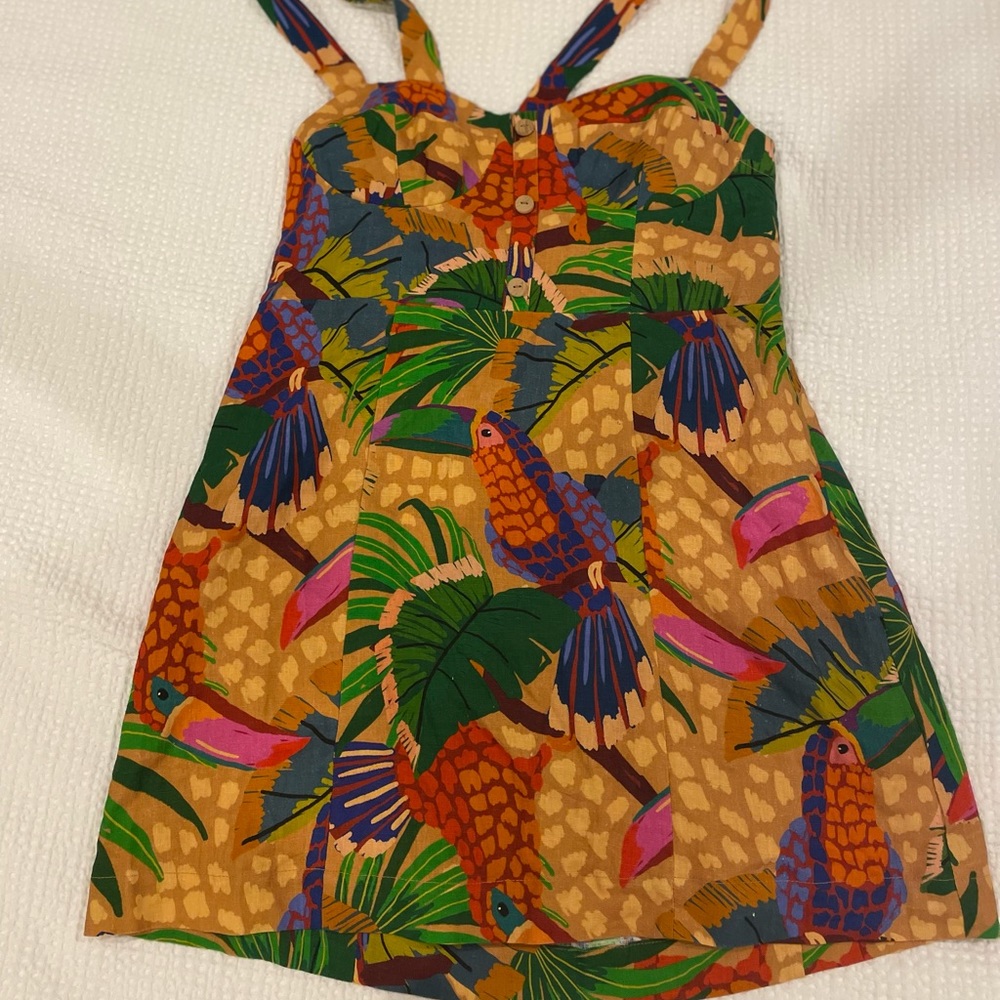 FARM Rio- Sand Painted Toucans Linen Minidress- Size L